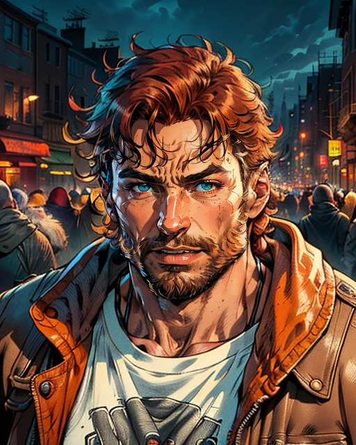 portrait, rugged old man, ginger, beard, t-shirt, happy, city background, Hugh Jackman, <lora:WesternComicMix_Extract:0.85>, sharp, clear, detailed, best quality, high quality, high resolution, best resolution, HD, HDR, 8K, masterpiece, masterwork, 2D digital artwork, crosshatching, flat colors, inked, vector illustration, dynamic shadows, epic, cinematic, <lora:detail_slider_v4:0.5>, <lora:colorify:0.5>