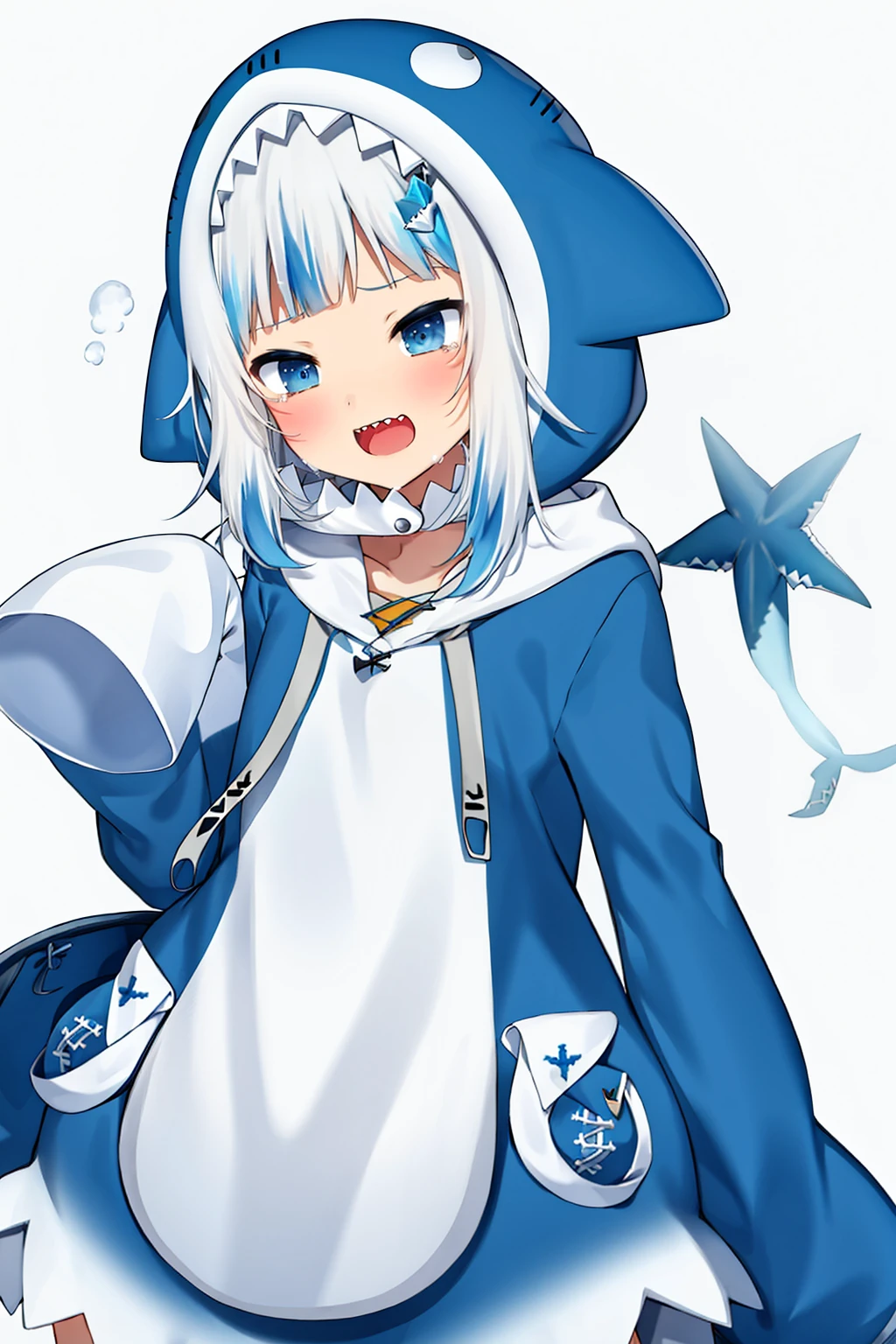 <lora:gura_v1.1-000010:0.9>, gawr gura, gura_shark_outfit, 1girl, solo, best quality, masterpiece, highres, looking at viewer, cowboyshot, blue shark-themed clothing, blue shark hoodie, white hair, white headband, shark tail, (solid white background:1.3 ), hair ornament, smile, open mouth, embarrassed, tear, cry