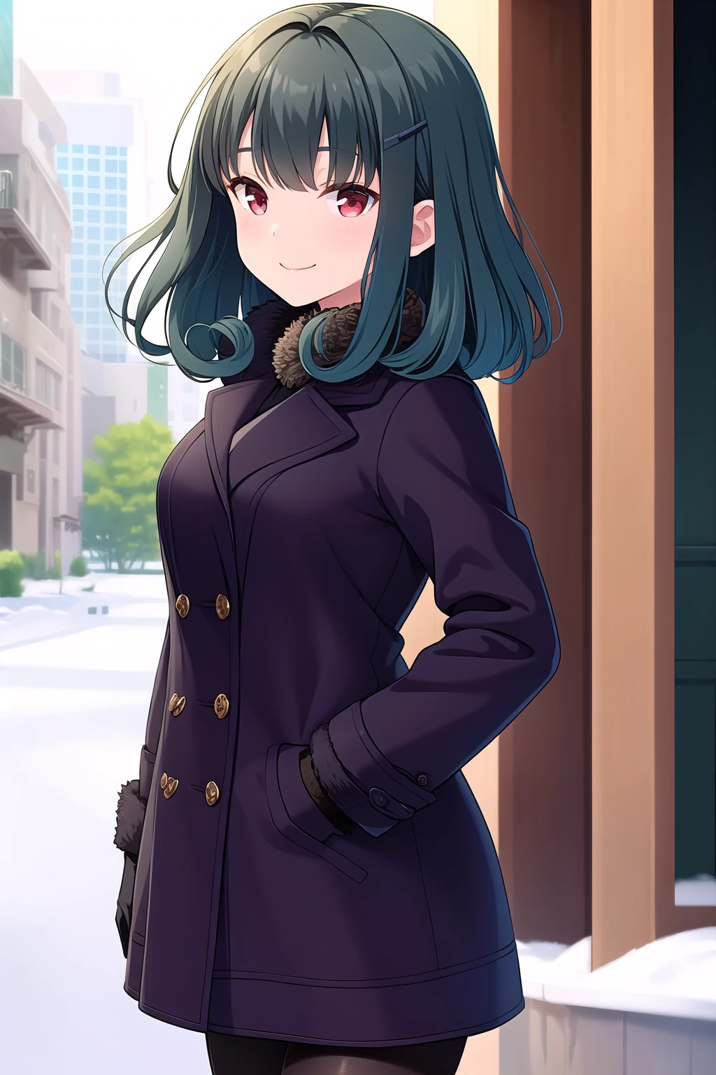 (masterpiece, best quality), highly detailed background, perfect lightingbest quality, shinomiyarisa, solo, outdoors, city, winter, green hair, hair intakes, blunt bangs, hairclip, curly hair, medium hair, red eyes, medium breasts, black coat, plaid coat, fur trim, long sleeves, black gloves, black pantyhose, winter clothes, smile, closed mouth, :), pink lips, <lora:Shinomiya-Risa:0.7>