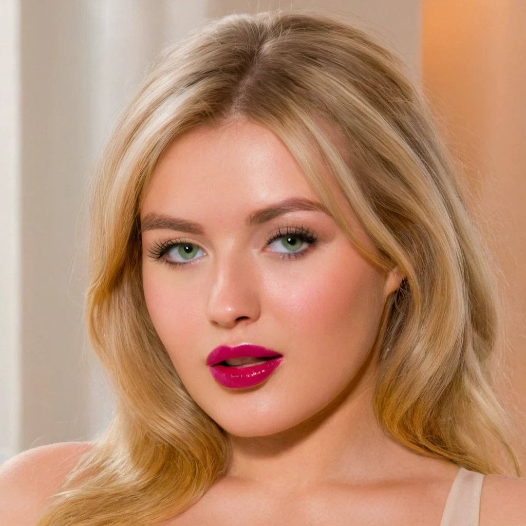 EuroBabe, Western, busty, blonde, lingerie, lipstick, makeup, sharp detailed perfect eyes, green eyes, moles, detailed skin