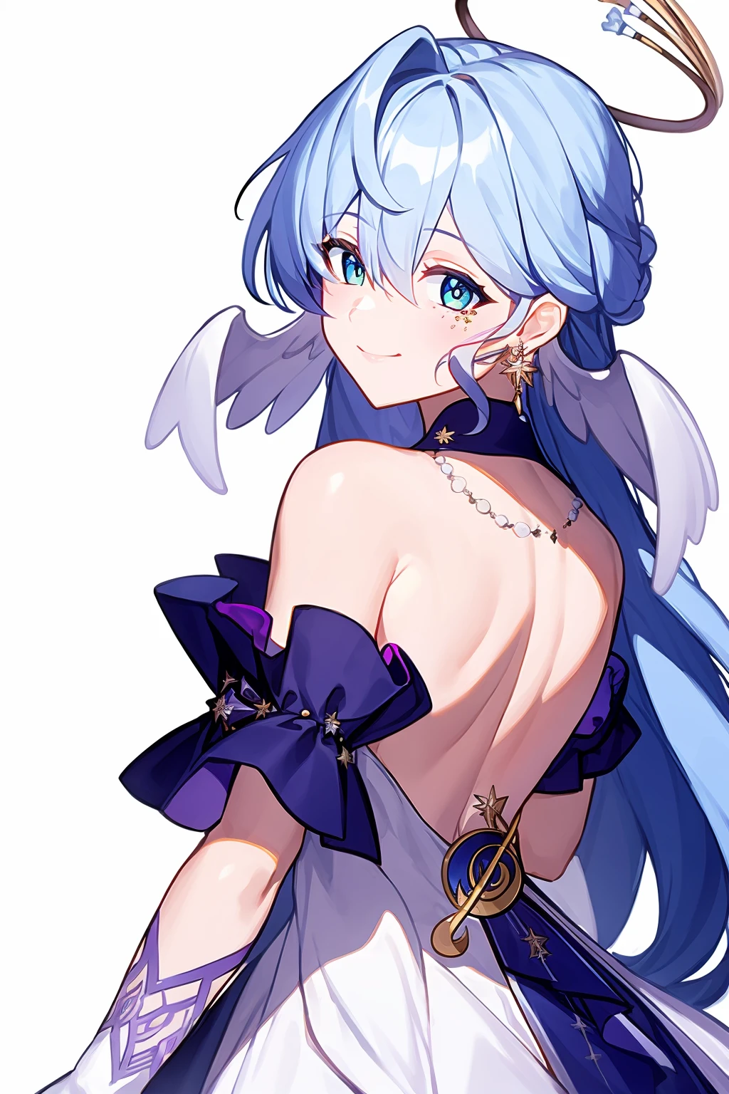 masterpiece, best quality,  <lora:robin:1>,
1girl, gloves, long hair, halo, solo, white background, dress, jewelry, blue eyes, earrings, looking at viewer, white gloves, looking back, bangs, simple background, bare shoulders, from behind, virtual youtuber, crescent, smile, bow, back, blue hair, hair between eyes,head wings,