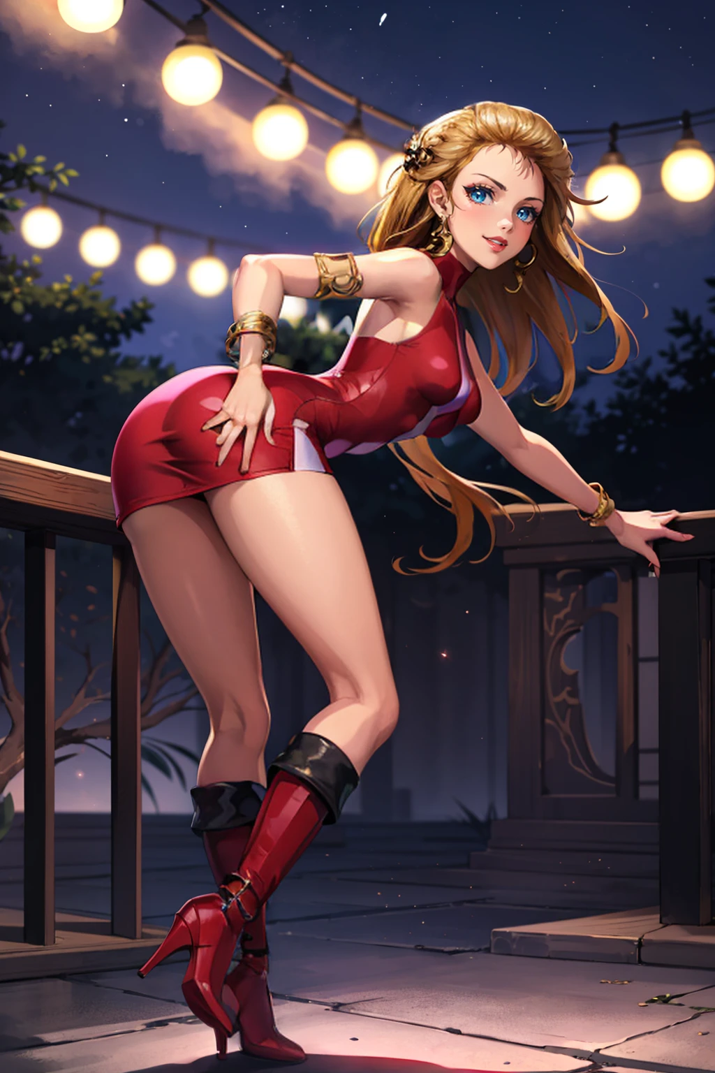 best quality, 1girl, solo, from behind, looking back, bent over, smile, parted lips, <lora:BodyconianSMT:0.85> bconSMT, long hair, short red dress, sleeveless, turtleneck, ass, earrings, lipstick, bracelet, armlet, knee boots, high heel boots, outdoors, night