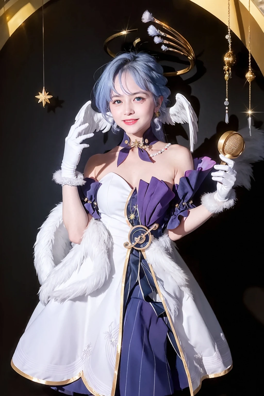 masterpiece, best quality, (photoshop \(medium\):1.2),
<lora:robin:1>,1girl, gloves, microphone, solo, dress, long hair, wings, jewelry, breasts, white gloves, earrings, looking at viewer, virtual youtuber, feathered wings, halo, feathers, holding, white hair, bare shoulders, smile, angel wings, white wings, blue eyes, white dress, microphone stand, crescent, holding microphone, bangs, medium breasts, blue hair,