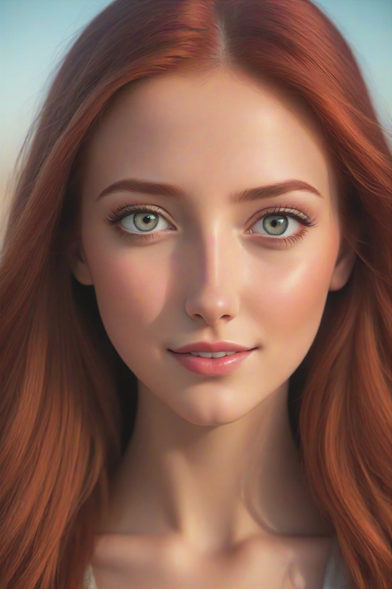 a close up from a gorgeous red haired girl, beautiful detailed radiant red hair, long hair,  beautiful detailed gray eyes,  portrait, shy smile, (extreme realistic photo),
(masterpiece:1.2), (best quality:1.2), ultra-detailed, best shadow, detailed background, high contrast, (best illumination, an extremely delicate and beautiful), ((cinematic light)), hyper detail, dramatic light, intricate details, 8k,  very aesthetic, ((realistic)),