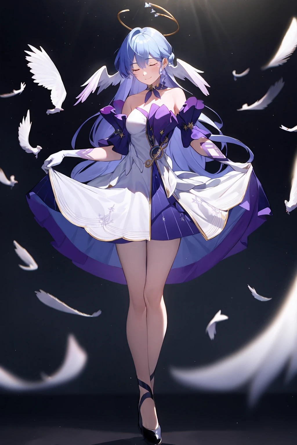 masterpiece, best quality,  <lora:robin:1>,
1girl, long hair, dress, closed eyes, solo, blue hair, halo, full body, wings, skirt hold, gloves, very long hair, blue dress, bangs, bare shoulders, breasts, closed mouth, standing, feathered wings, black footwear, medium breasts, smile