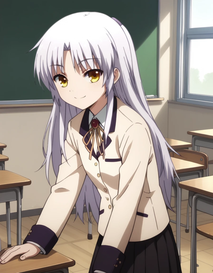 score_9, score_8_up, score_7_up, source_anime,
kanadetachibana, <lora:kanade-tachibana-s1-ponyxl-lora-nochekaiser:1>,
kanade tachibana, long hair, white hair, yellow eyes,
skirt, school uniform, jacket, blazer, skirt, black skirt, pleated skirt, long sleeves,
indoors, classroom, bent over, smile,
looking at viewer, solo, cowboy shot, dutch angle,