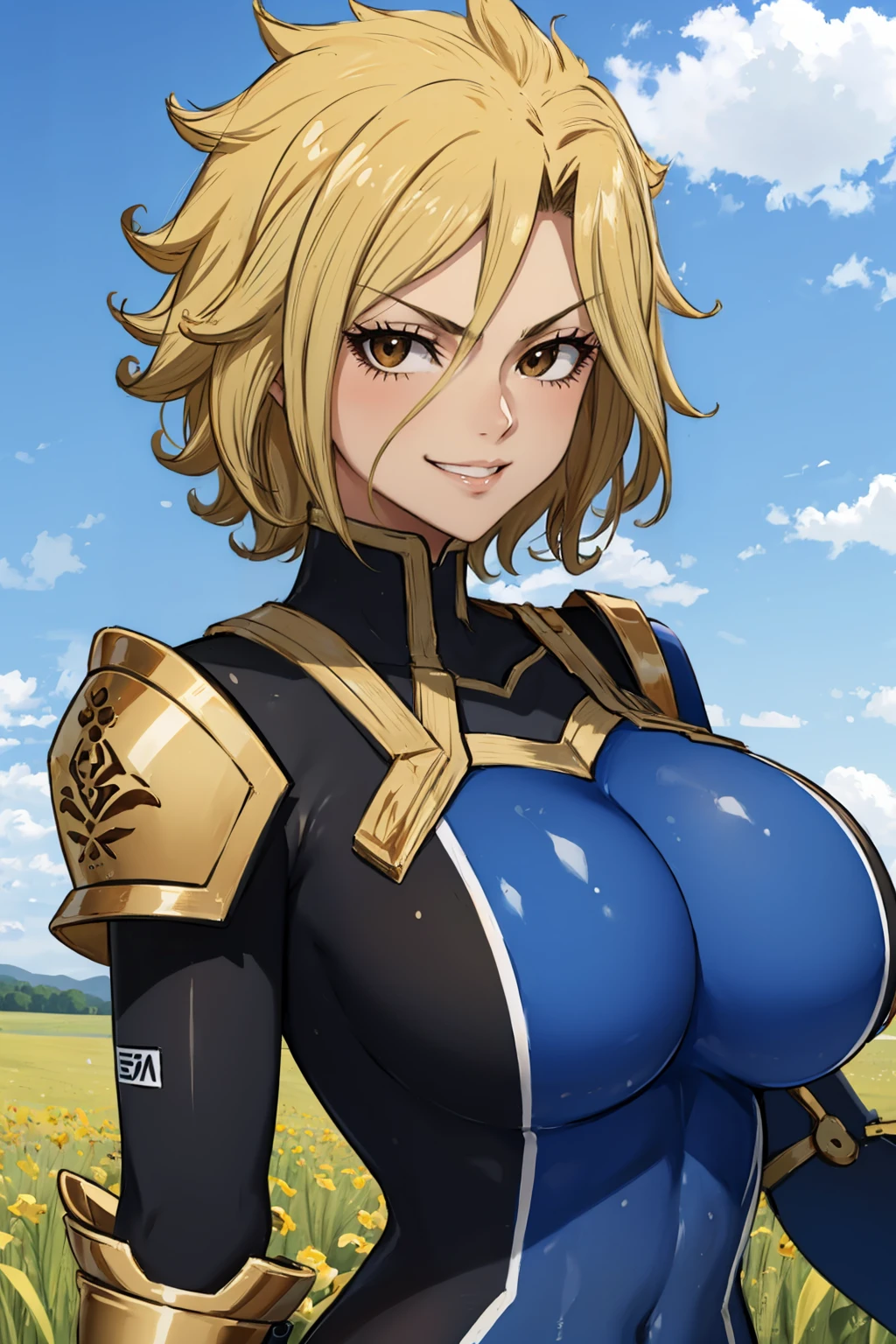 masterpiece, best quality, 1girl, solo <lora:dimaria-nvwls-v1-000009:0.9> dimaria yesta, blue bodysuit, single gauntlet, (huge breasts:0.8), upper body, blue sky, field, looking at viewer, furrowed brow, grin