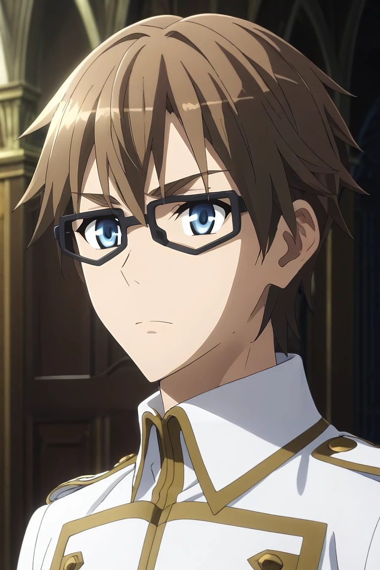score_9, score_8_up, score_7_up, source_anime, rating_safe, intricate details, (3d:0.4), , depth of field, 1boy, solo, male focus, <lora:caules_forvedge_yggdmillennia_pony:0.84>, caules_forvedge_yggdmillennia, brown hair, blue eyes, glasses, black-framed eyewear, from afar, full body, armory, indoors, dark, v arms, sad, ,, <lora:sdxl_lightning_8step_lora:1>