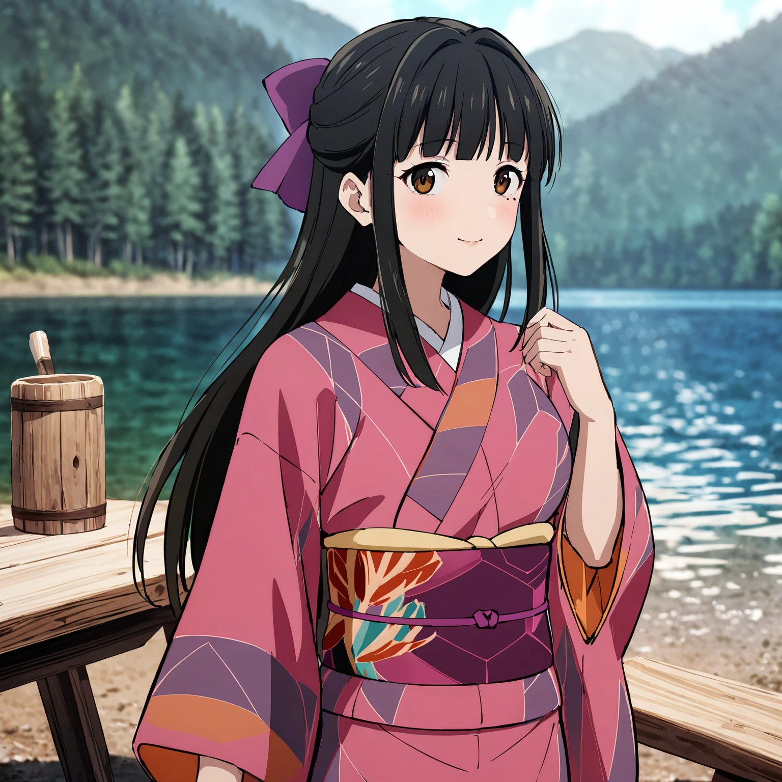 1girl, long hair, breasts, blush,smile,wide sleeves,looking at viewer,cowboy shot, hair ribbon,pink kimono,mole,outdoors, lake,forest, <lora:Fixhands_anime_bdsqlsz_V1:1> <lora:SDXL_sayo_kitarou_animazine3:1>, ,master piece,best quality,