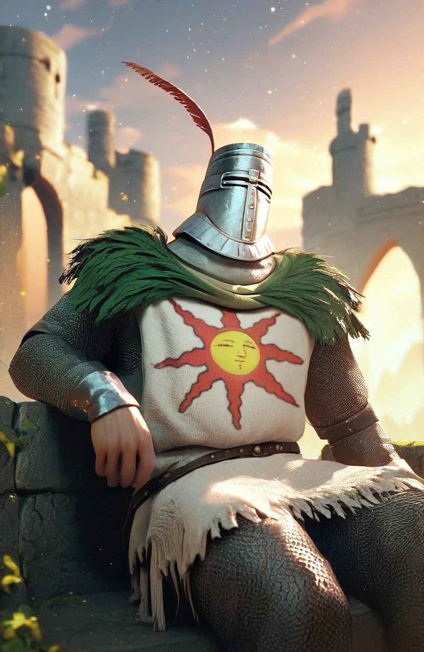 solaire dark souls chainmail armor knight male solo reclining, score_9, score_8_up, score_7_up, score_6_up, score_5_up, score_4_up, tabard helmet, sunrise starry_sky dramatic_lighting ruins castle river embers, <lora:Solaire__Dark_Souls__PonyXL:0.9>