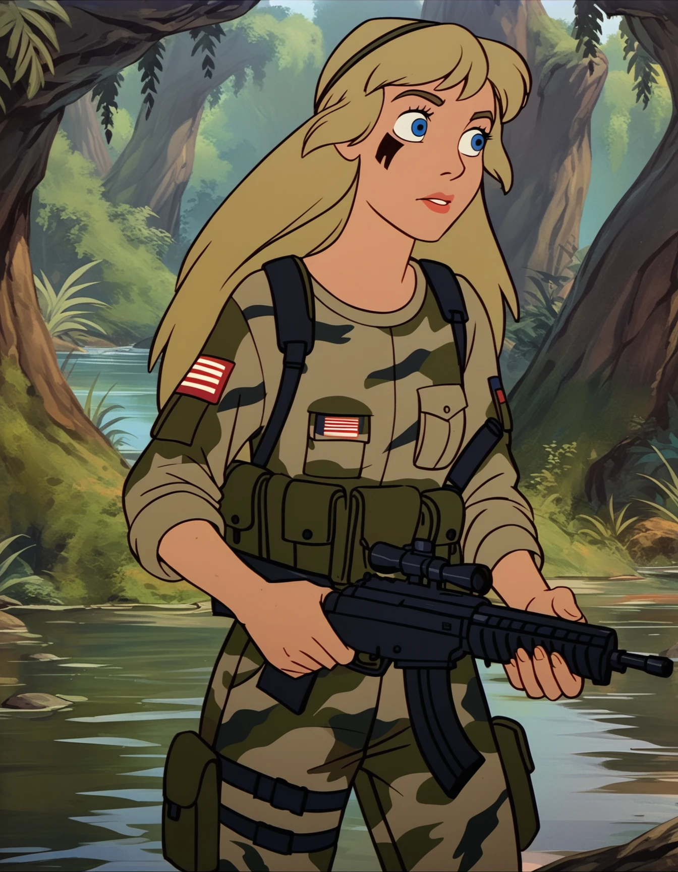 score_9,  score_8_up, score_7_up <lora:eilonwy-ponyxl-000050:1> eilonwy, camouflage, hairband,
1girl, solo, river, facepaint, airsoft, jungle