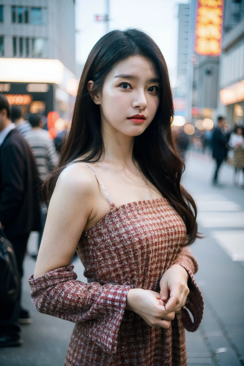 Best quality, masterpiece, ultra high res, (photorealistic), raw photo,1girl, skinny, upper body,solo, realistic, looking at viewer, long hair, bokeh background, city streets,brown eyes, bohemian dress, <lora:makina69_kimsoeun_v1.0:1>