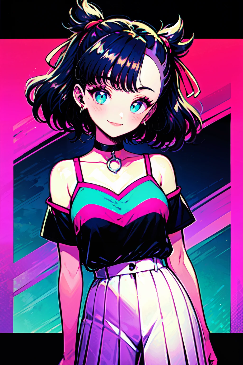 <lora:80s_Pop:0.8>, ((masterpiece,best quality)), absurdres, <lora:marnie_v1:0.7>, hmmarnie, aqua eyes, black choker, red ribbon, smile, 1girl, solo, looking at viewer, blush, short hair, bangs, blue eyes, skirt, shirt, bare shoulders, jewelry, collarbone, short sleeves, grey hair, cowboy shot, pleated skirt, earrings, striped, off shoulder, makeup, white skirt, off-shoulder shirt, shirt tucked in, multicolored shirt,