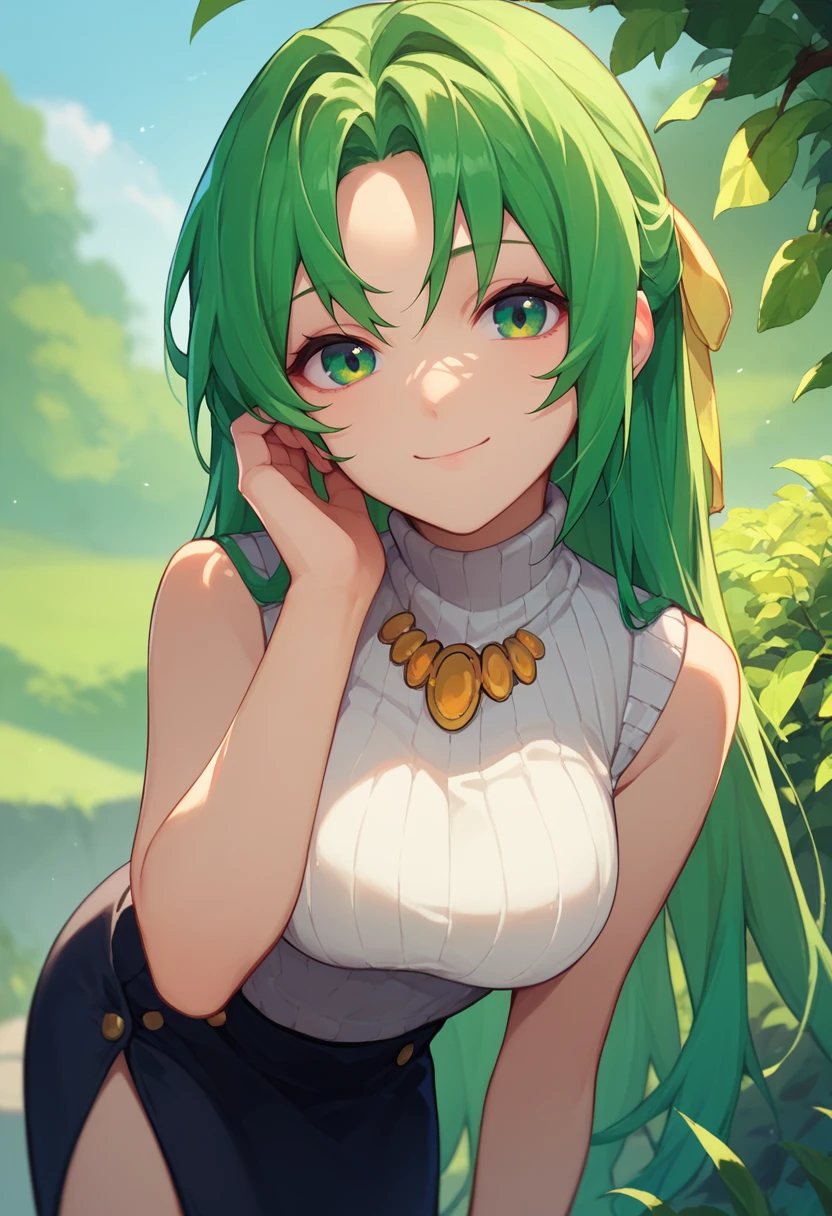 score_9, score_8_up, score_7_up,  ShionSW, green hair, long hair, green eyes, hair ribbon, white turtleneck sweater, black skirt, yellow necklace, sleeveless, outdoors, bent over, front view, light smile, looking at viewer,    <lora:SHion DORA VA1-000014:1>