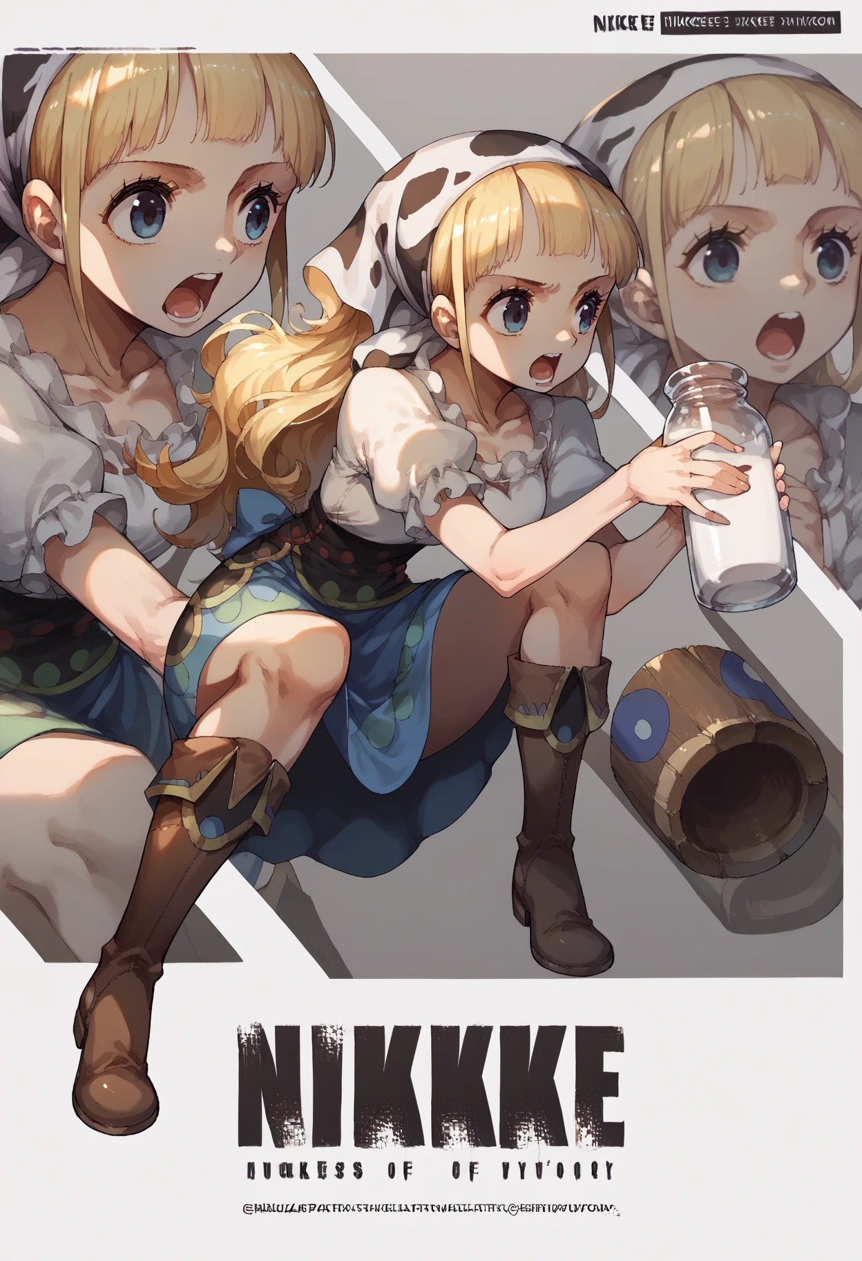 score_9, score_8_up, score_7_up, source_anime, RythModaOPPony, 1girl, standing, dress, skirt, bandana, brown boots, open mouth, <lora:ModaOPPony-101:1>, <lora:NikkeProfileV2_XLPD:1.1> IncrsNikkeProfile, full body, zoom layer, on one knee, holding milk jar,
