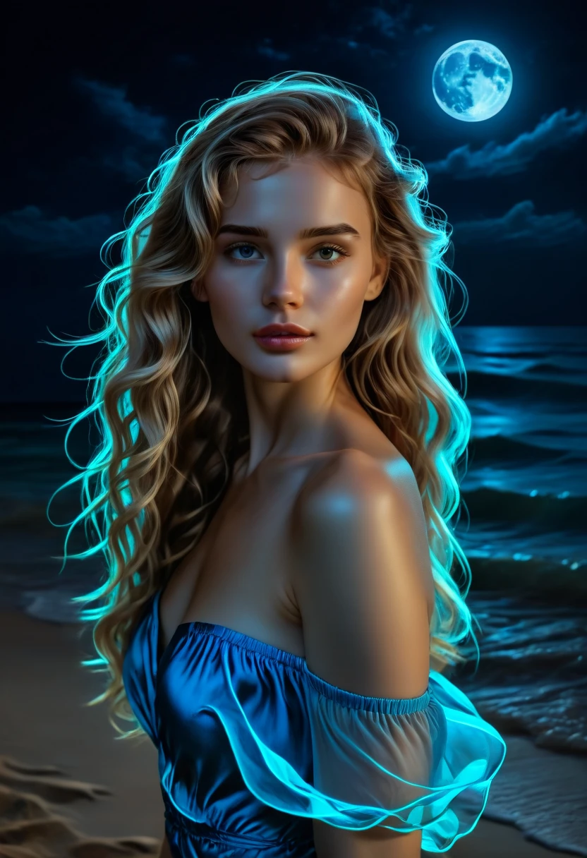 Portrait of a beautiful girl, Hairstyle with flowing waves, Under the moonlight at a quiet beach, azure, light contour <lora:light_contour_sdxl:1>