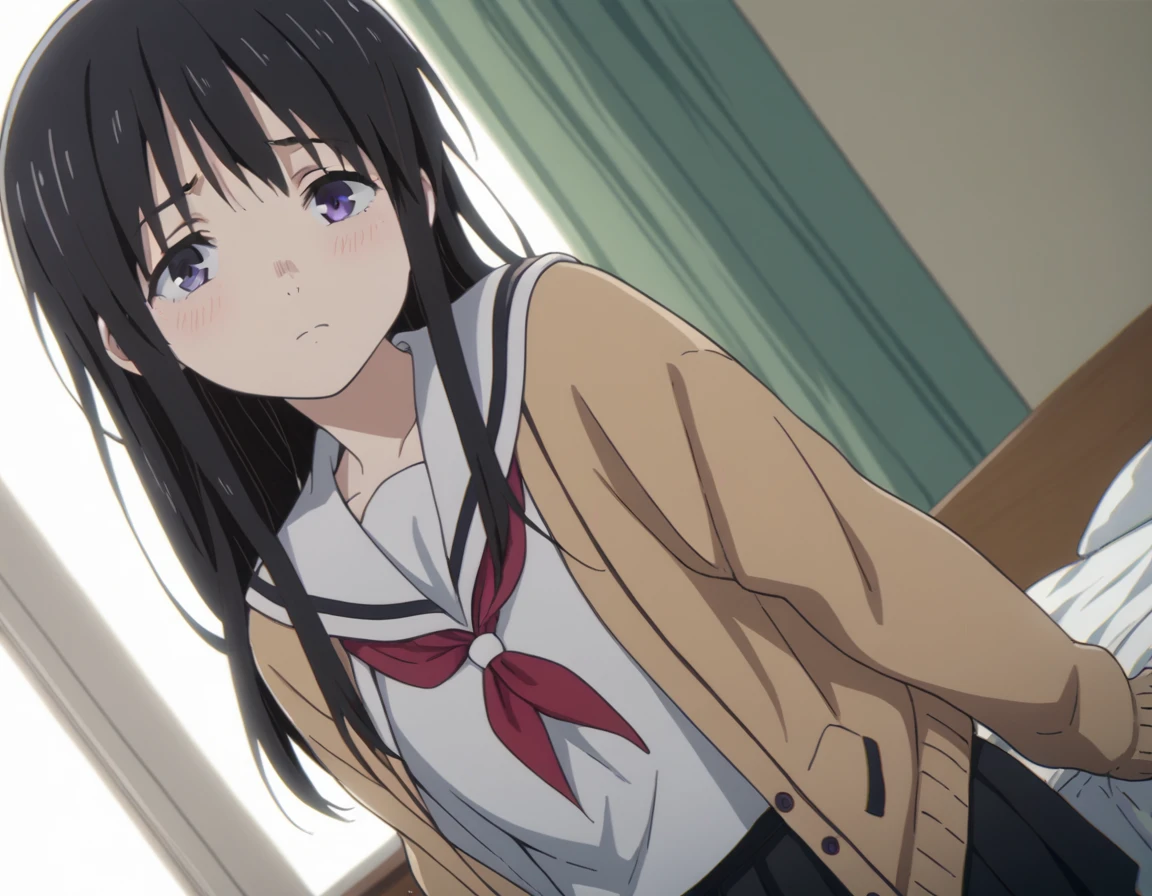 score_9, score_8_up, score_7_up, source_anime,
naokaueno, <lora:naoka-ueno-movie-ponyxl-lora-nochekaiser:1>,
naoka ueno, long hair, bangs, black hair, purple eyes,
school uniform, serafuku, cardigan, sailor collar, skirt, black skirt, pleated, neckerchief, red neckerchief, open clothes,
indoors, bed, bed room, on side, blush, drunk,
looking at viewer, solo, cowboy shot, dutch angle,