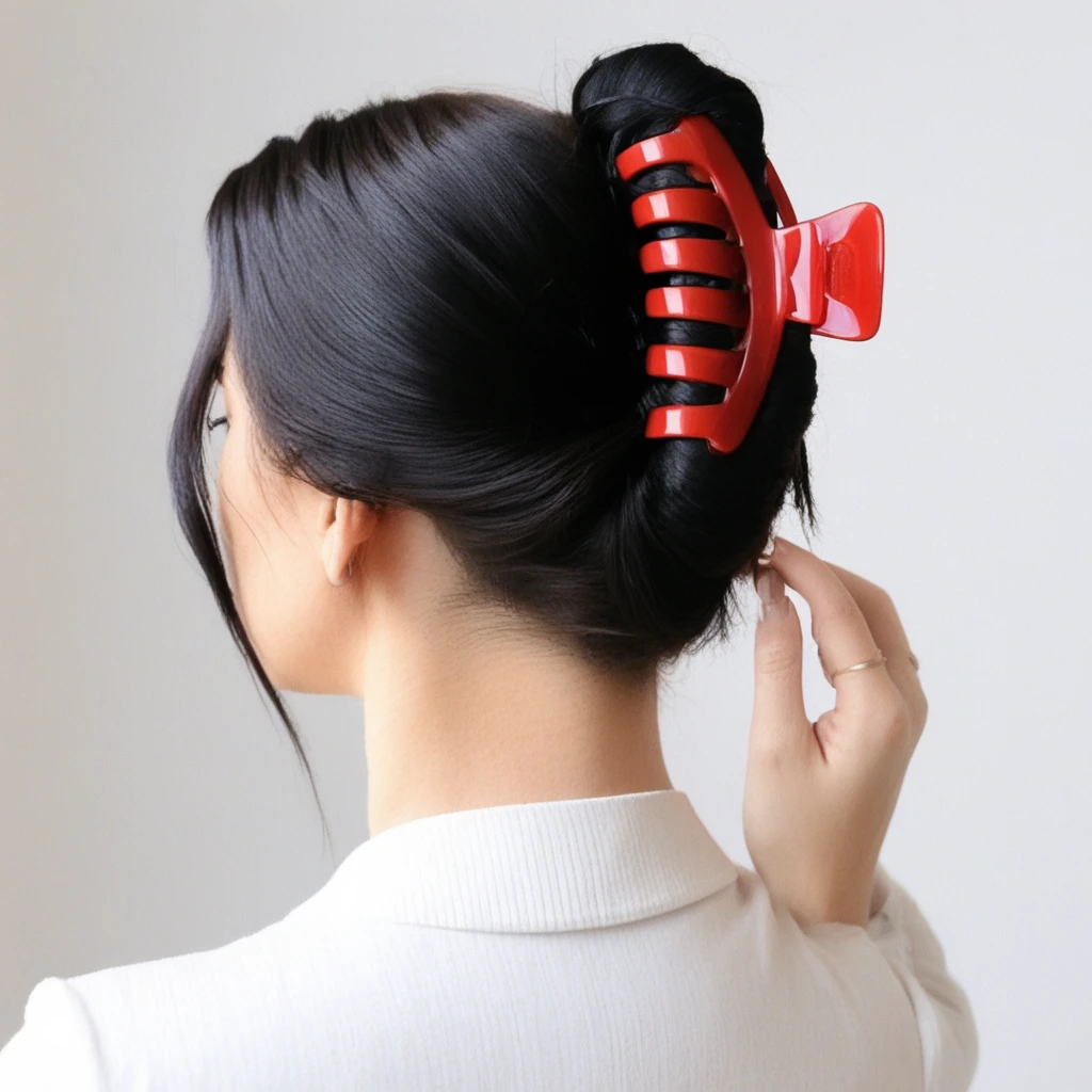 1girl, solo, nape, black hair, hair claw, tying hair, red hairclaw