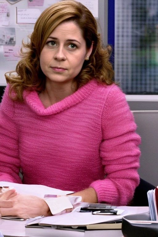 pink sweater, white dress shirt, sitting at a desk, concerned expression, looking at viewer, brown hair, long hair, photograph, <lora:pmbsly:1.0> pmbsly,