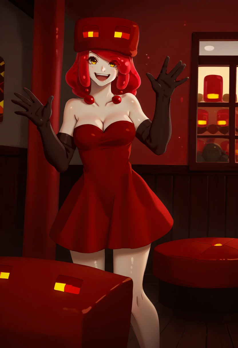 score_9, score_8_up, score_7_up, source_anime, solo, 1girl, magmacube, happy, looking at viewer, standing, waving, red hair, hat, yellow eyes, red dress, strapless dress, black gloves, elbow gloves, bare shoulders, cleavage, indoors <lora:mobtalker_magmacube_ponyXL:1>