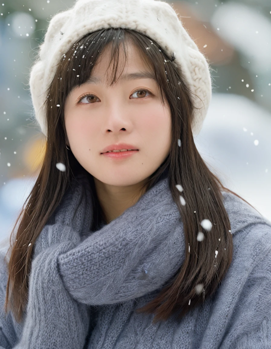 Hashimoto Kanna,1woman,professional,highly detailed,long hair,cinematic_angle,<lora:Hashimoto_Kanna_DoKr:0.9>,looking_at_viewer,in winter,sweater,wool cap,face close-up,snowing,