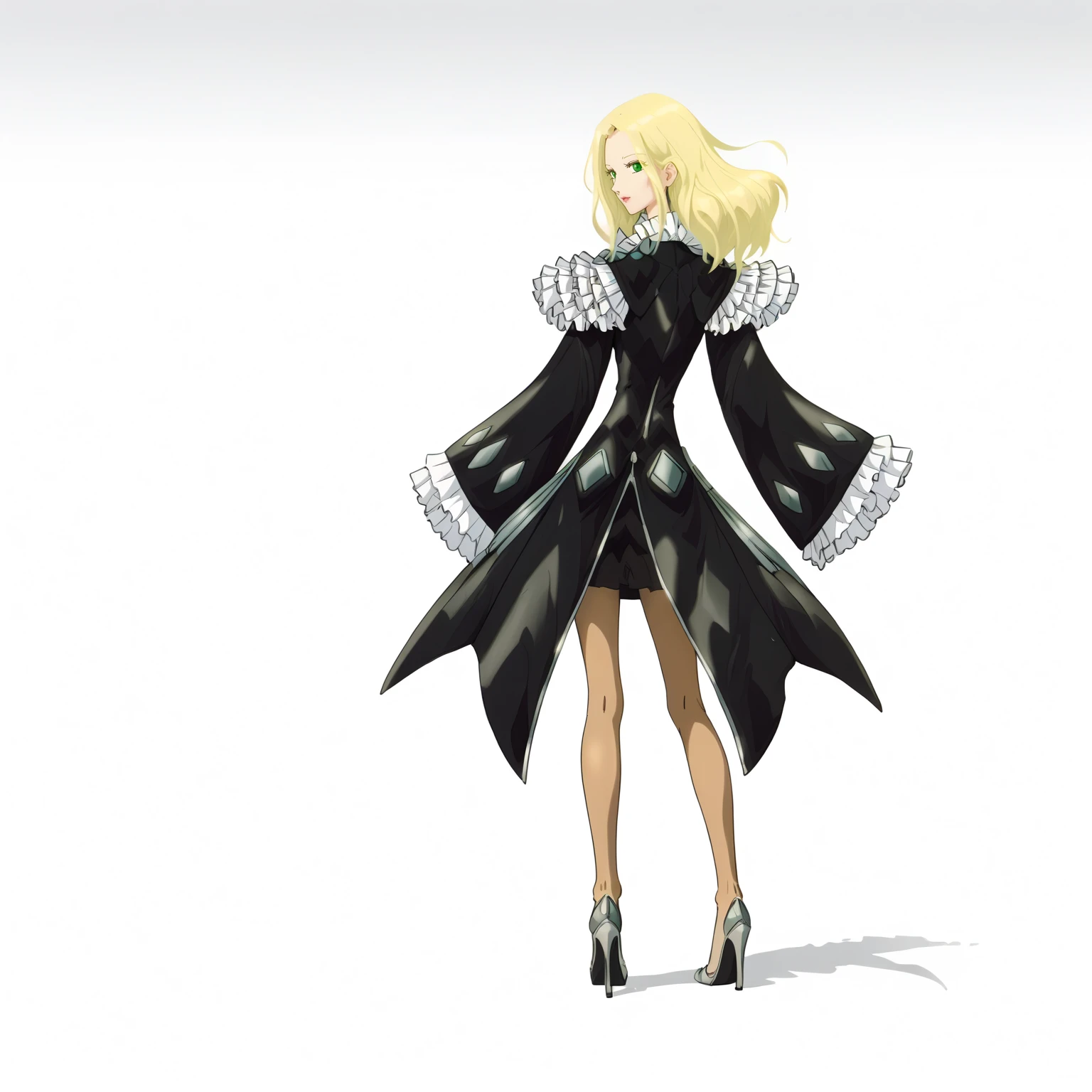 <lora:FatimaPasitheaXLpony002>,
solo,
FatimaPasithea,1girl,blonde hair,long hair,green eyes,
black body suit,black dress,long_sleeves,wide_sleeves,frill sleeve,
brown pantyhose,
high_heels,
full body,standing,looking back,