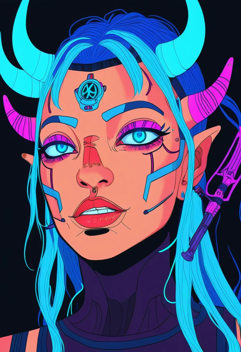 a woman with blue hair and horns on her face in front of a black background with neon lights behind her, 1girl, solo, long hair, looking at viewer, blue hair, horns, colored skin, black background, portrait, oni horns, red skin