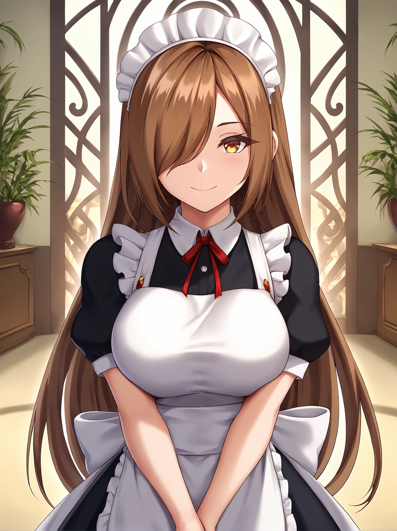 score_9,
<lora:yua_respati_v1_lite:1>,
large breasts,
maid, smile, light blush,
long hair, brown hair, amber eyes, hair over one eye,
cowboy shot, looking at viewer, arms in front, v arms,
intricate, detailed, epic,
indoors,
rating_safe,
high resolution, Masterpiece, detailed