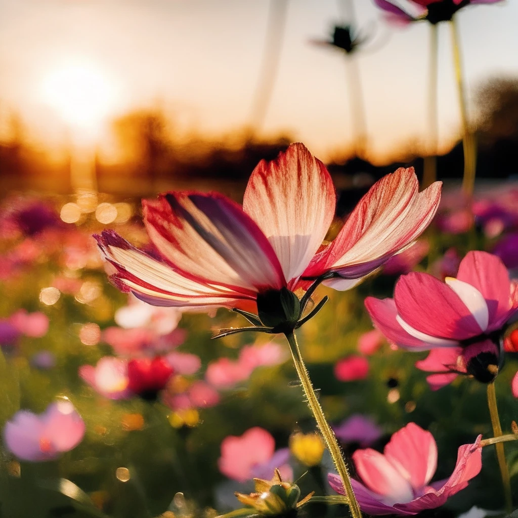 Best quality,masterpiece,ultra high res,(photorealistic:1.2),<lora:cosmos_bipinnatus:1>,cosmos_bipinnatus,flower,no humans,blurry,still life,depth of field,pink flower,outdoors,scenery,field,purple flower,<lora:åå½±:0.8>,