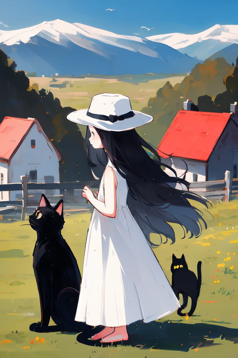 cat, 1girl, dress, hat, black cat, solo, white dress, holding, animal, outdoors, long hair, scenery, shop