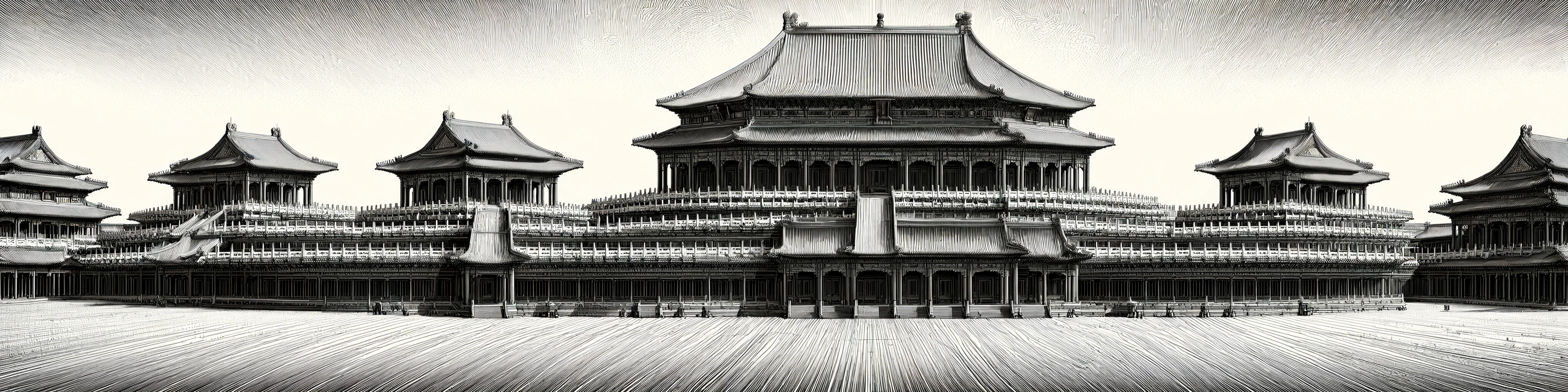 Create a highly detailed,technical drawing of The Palace Museum of China,emphasizing precision and complexity in its design,The view should be panoramic,with focus on structural details and textural elements,masterpiece,high quality,bigc,digital engraving,crazy detail,8k,(cash green),Diagonal lines are highlighted throughout the picture,wide_shot,landscape,Auspicious cloud pattern,<lora:gugong_V0-000006:1>,