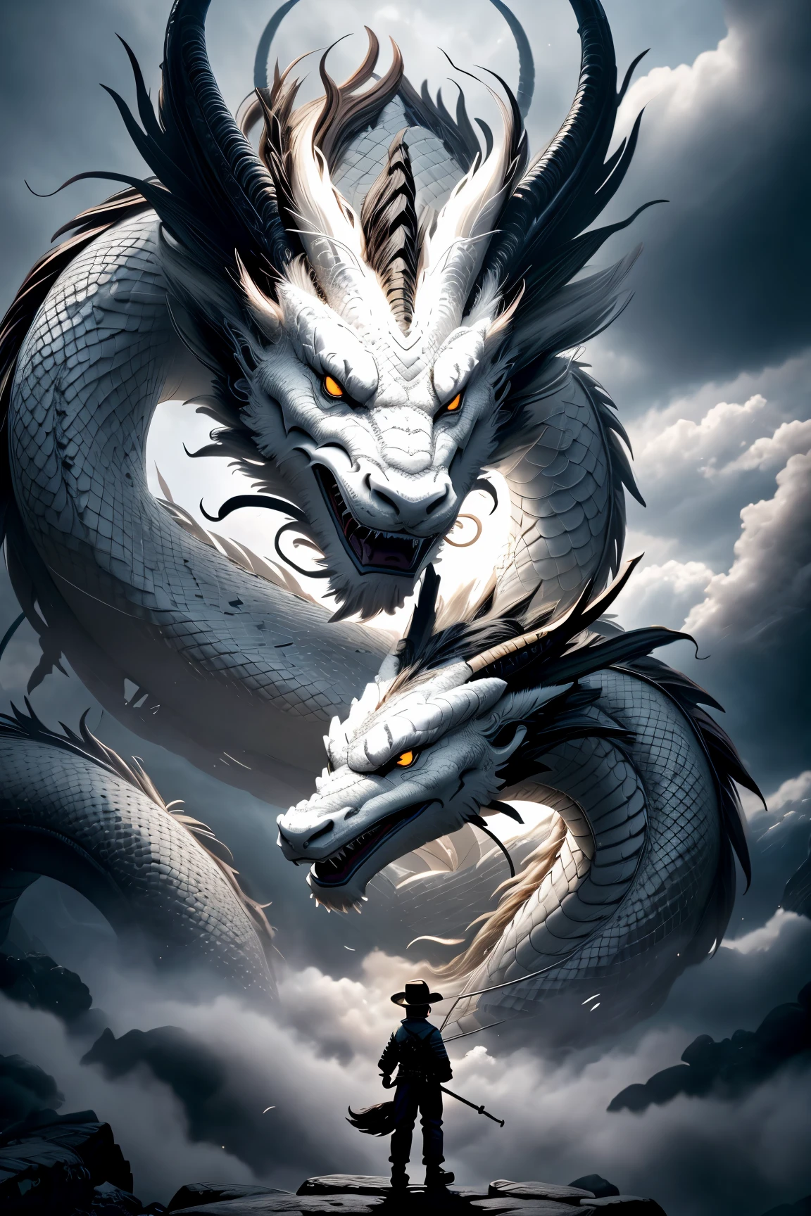 cinematic photo texture chndrg, dragon, letterboxed, holding, outdoors, bird, standing, cloud, 1boy, weapon, from behind, sky, cloudy sky, animal, holding weapon, eastern dragon, monster, 1other, hat, fog <lora:Chinese Dragon v1.04:0.7> top down close-up . 35mm photograph, film, bokeh, professional, 4k, highly detailed