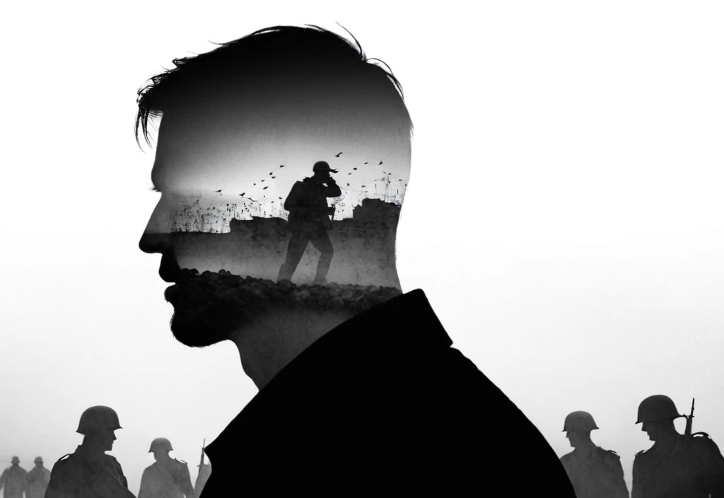 A double exposure photo silhouette of a man from the side, upper body. His head is superimposed with a WWII battlefield, high key. dramatic, emotional.
<lora:Double-Exposure-000008:1>