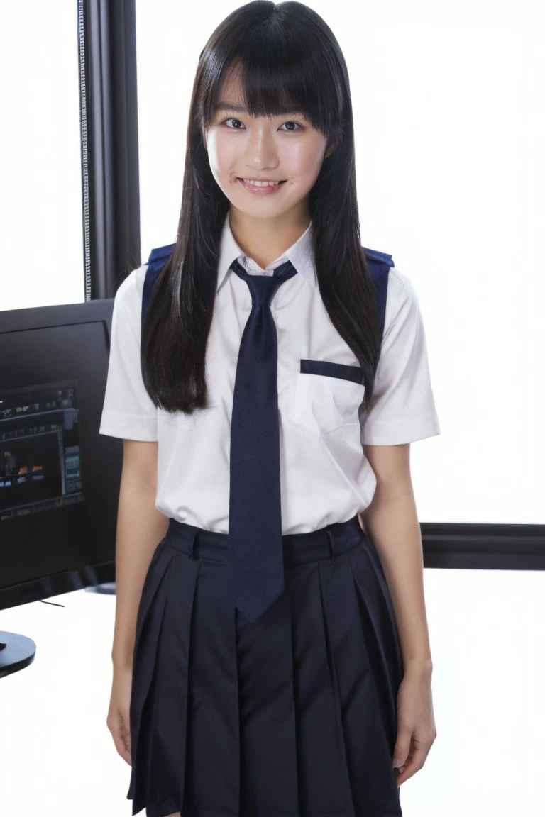 1girl, medium breasts, looking at viewer, realistic, photorealistic, black hair, black eyes, smile, bangs, lips,
hyper detailed, super sharp, crisp, smooth, smooth gradients, depth of field,
(in studio, white background), noble student uniform, necktie,
<lora:haruka_momokawa-000006:1>, <lora:breastsizeslideroffset:-0.35>, <lora:skin_slider_v2_1_FACE:0.5>, <lora:add_detail_v5:1>,