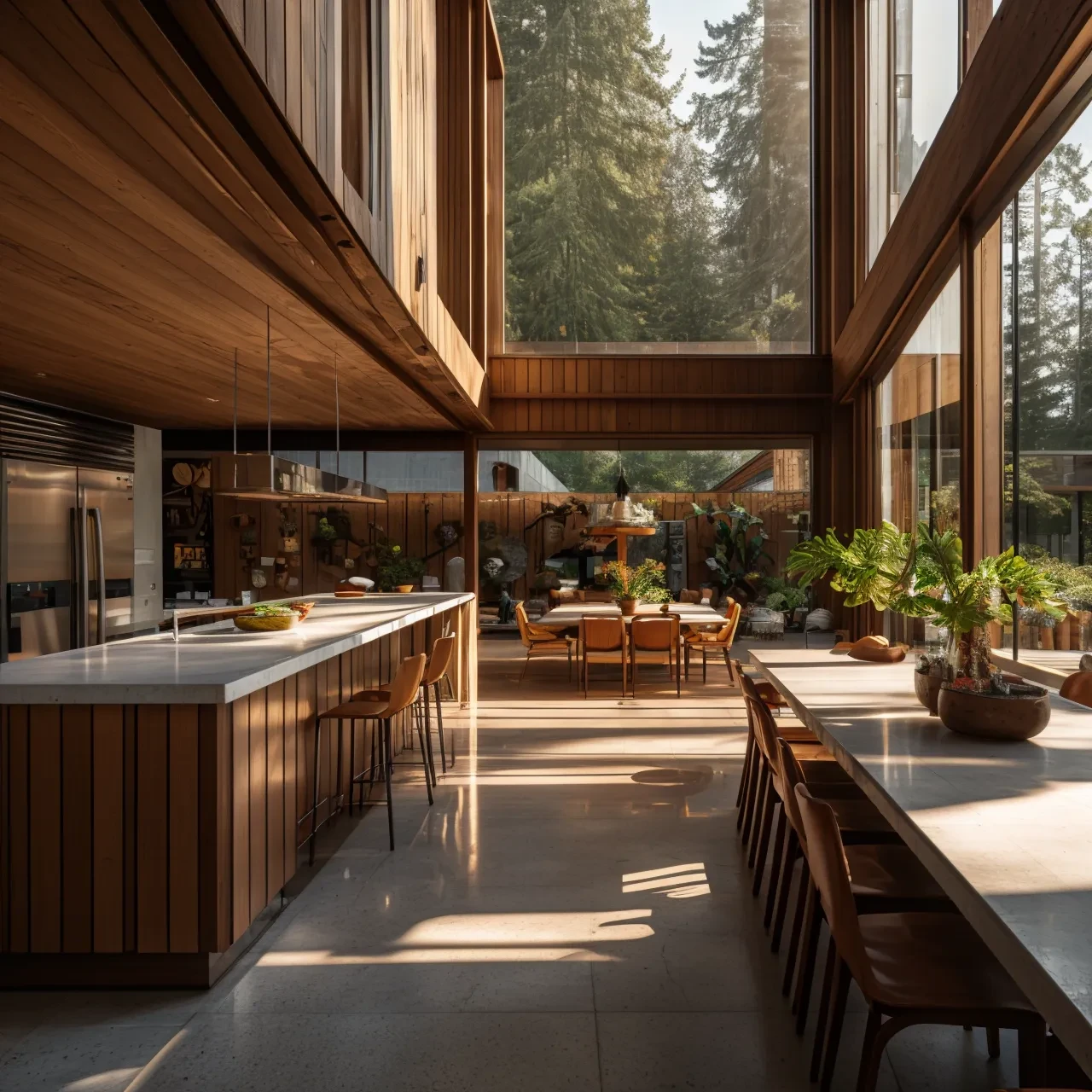 photo, interior, dining room, mid-century modern, wooden furniture, brick wall, wood cabinet, large window, potted plan, natural light, warm lighting, wide angle, flower, cup, tree outside, window, chair, table, 
wide angle,
<lora:AIDVN_midcentury_modern_interior:0.75>