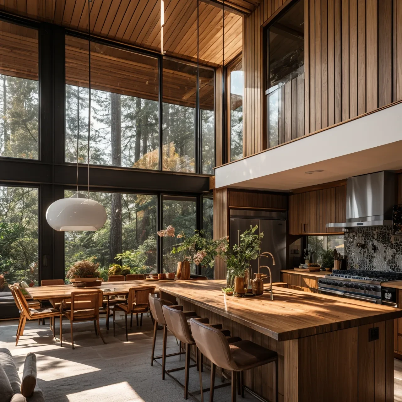 photo, interior, kitchen, mid-century modern, kitchen island,  warm lighting, wooden ceiling, tall window, dining table, living room, potted plant, natural light, atrium
wide angle,
<lora:AIDVN_midcentury_modern_interior:0.5>