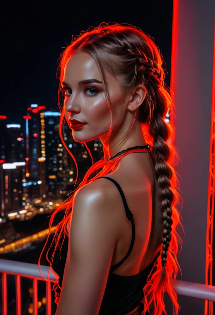 Portrait of a beautiful girl, Hairstyle with elegant braids, On a balcony overlooking the city lights, neon red light contour <lora:light_contour_sdxl:1>