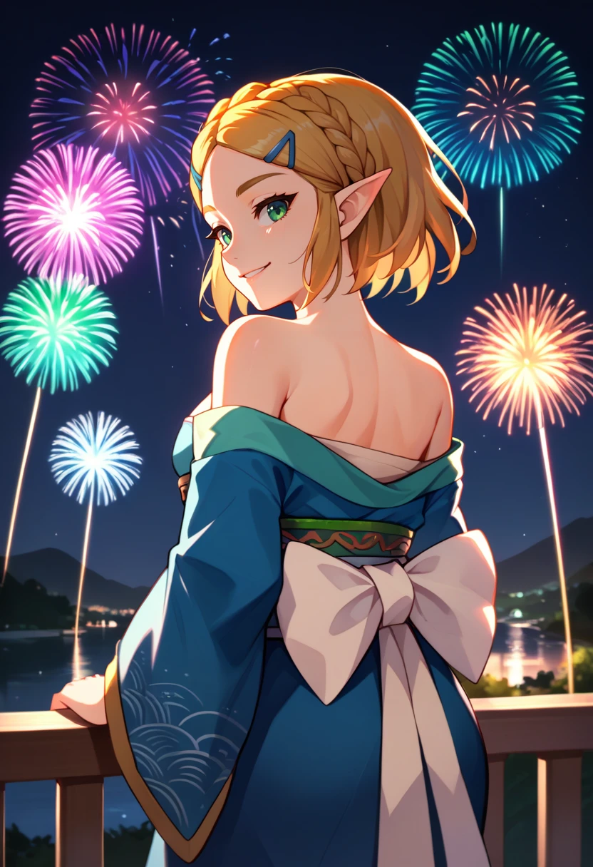 score_9, score_8_up, score_7_up, source_anime, from behind, solo, 1girl, totkzeladrnd, smile, looking back, crown braid, hairclip, pointy ears, green eyes, blue kimono, off shoulder, white sash, bare shoulders, fireworks <lora:tloz_totkzelda_ponyXL:1>