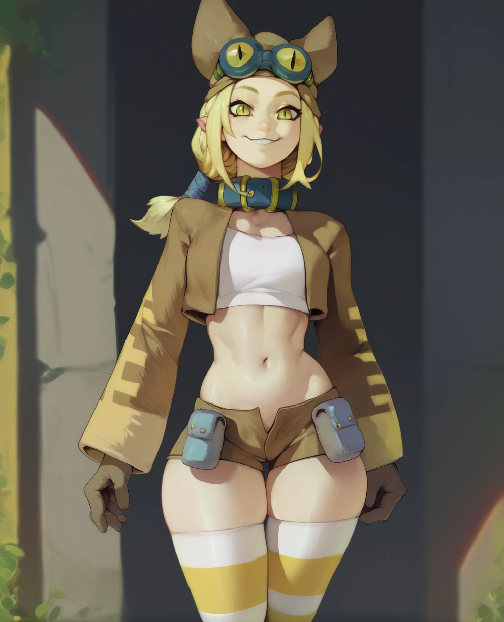 score_9,score_8_up,score_7_up,score_6_up,Thiefxl,blonde hair,yellow eyes,low ponytail,slit pupils,
animal hat,goggles on head,crop top jacket,brown shorts,brown gloves,long sleeves,curvy,neck belt,looking at viewer,smile,striped thighhighs,
solo,<lora:Thiefpxl3:1>,