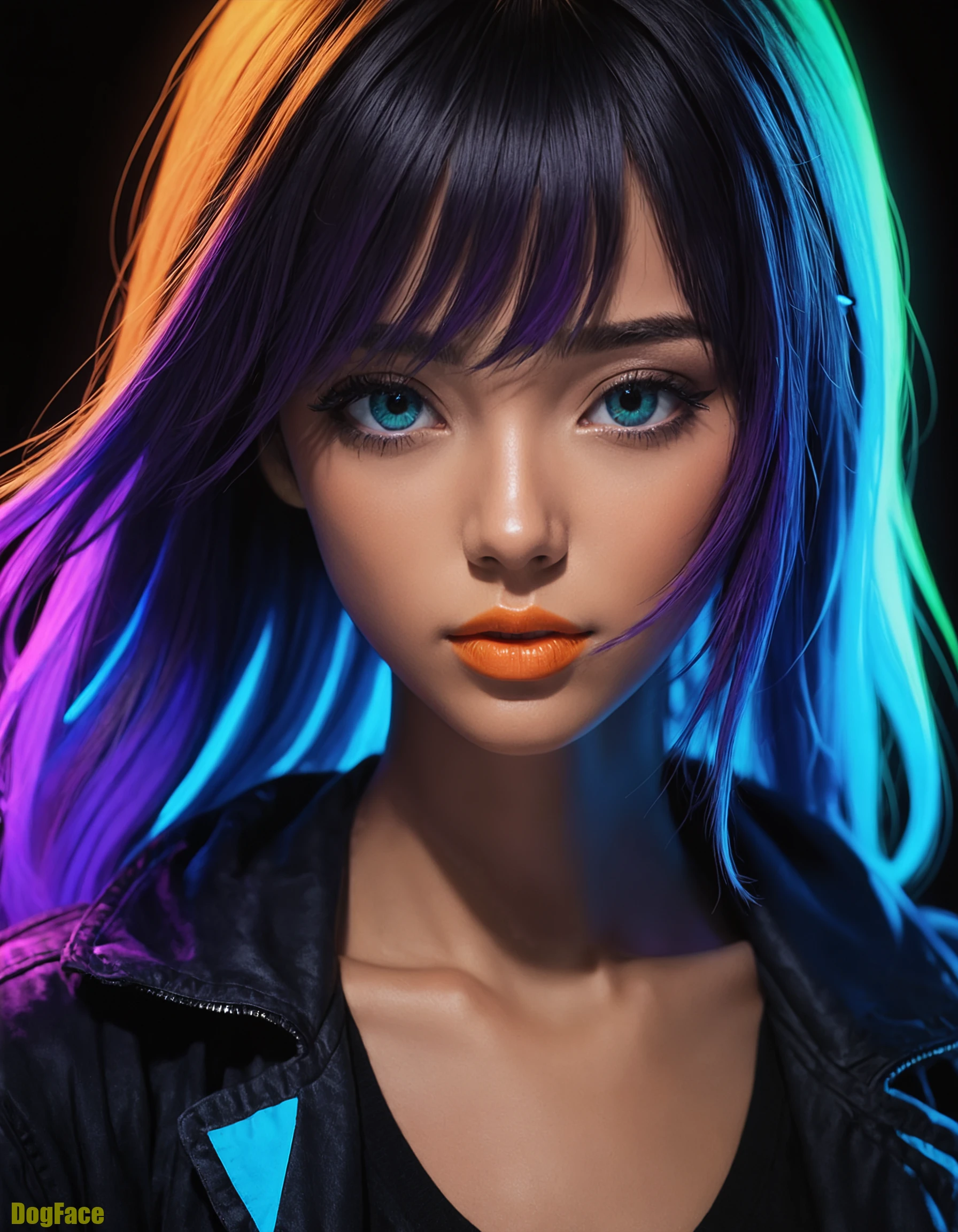 (simple-black-background:1.5), 1girl, multi-colored-hair, long-face-framing-bangs, (dark-tan-skin-tone:1.5), (photo negative effect:2.5), (Dark-low-light-scene:1.4), (Glowing Radiating Ombre neon-green neon-orange neon-purple neon-blue Color Scheme:1.7), (UV/Blacklight Radiation Effects:1.6), (Saturating-Ambient-Cascading neon blue and purple lighting:1.7), (Neon-UV-Reactive Glowing Lipstick and Eyeliner:1.5), Ray Tracing, UHD, (Deep Shadows:1.4), (Highly Detailed:1.3), Gorgeous, Unrivaled beauty, (Epic 2.5D Anime style Render:1.7),