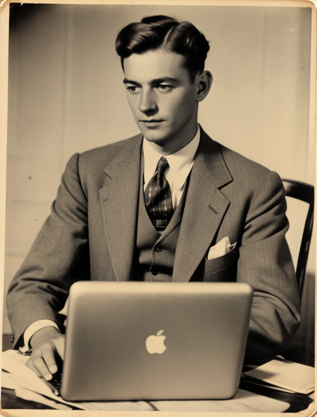 apg_v3, 1940s dapper gentleman using laptop, faded photo,