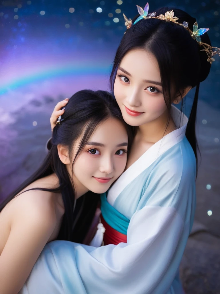 2girls,(18 y.o cure lovely naked fairy),Cinematic Lighting,(with a focus on her face),[slender face,short hair,narrow_waist,skinny],ancient china,hanfu,from_above,sex,floating and rainbow long hair,Iridescence and rainbow,beautiful detailed starry sky,hug,face close-up,smile,