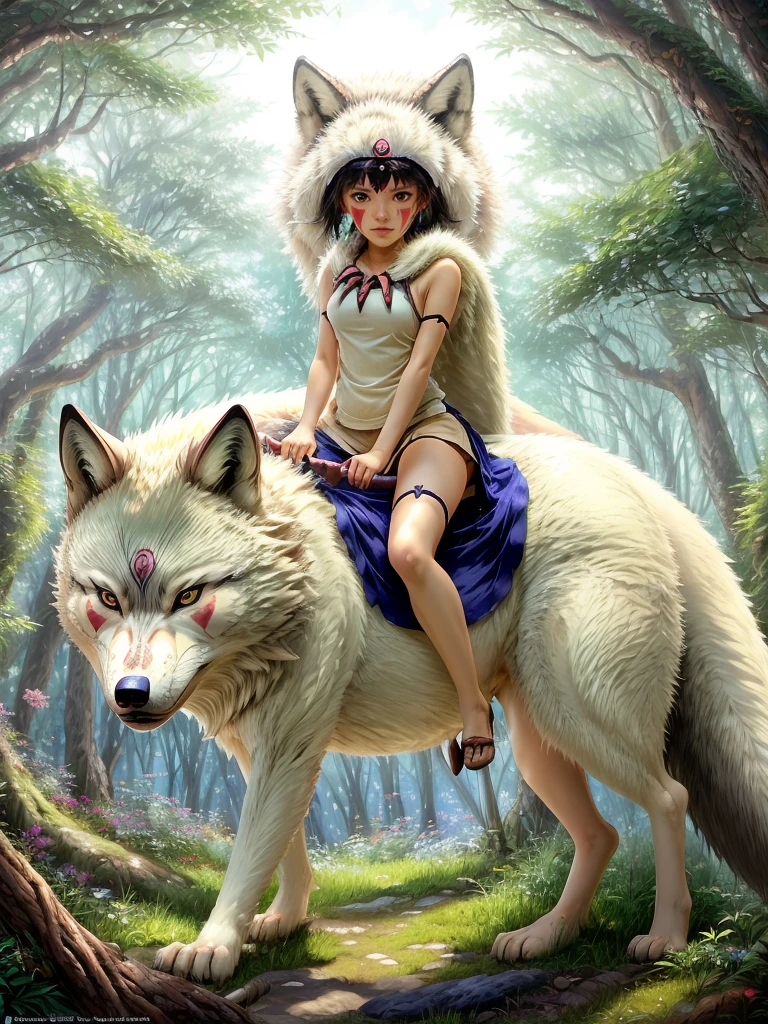 Studio Ghibli  <lora:quiron_SanMononokeHime_v1_Lora:0.87> sanmononokehquiron, sanmononokehime, 1girl,  animal, knife, facepaint, fur, wolf, . Anime, magical realism, environmental themes, unique characters, breathtaking landscapes, highly detailed