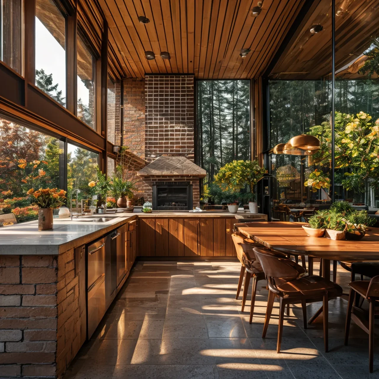 photo, interior, dining room, mid-century modern, brick wall, wood cabinet, large window, potted plan, natural light, warm lighting, wide angle, flower, cup, tree outside, window, chair, table, <lora:AIDVN_midcentury_modern_interior:0.75>