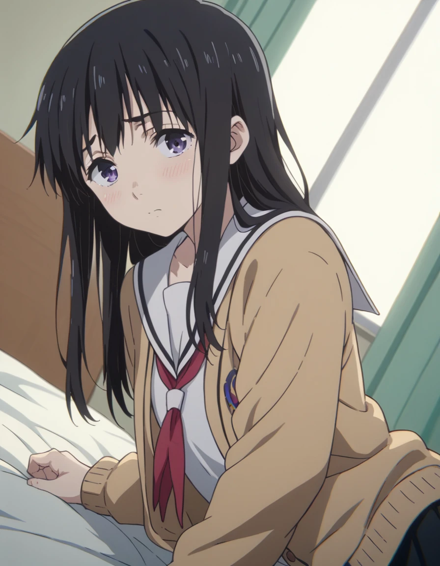 score_9, score_8_up, score_7_up, source_anime,
naokaueno, <lora:naoka-ueno-movie-ponyxl-lora-nochekaiser:1>,
naoka ueno, long hair, bangs, black hair, purple eyes,
school uniform, serafuku, cardigan, sailor collar, skirt, black skirt, pleated, neckerchief, red neckerchief, open clothes,
indoors, bed, bed room, on side, blush, drunk,
looking at viewer, solo, cowboy shot, dutch angle,