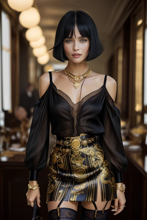 masterpiece,best quality,ultra_detailed,<lora:BellissimaSD1.0:0.8> bellissima, 1girl , smile <lora:VersaceStyleSD:1> versace style, haircut style shag with flapper bob, shirt, miniskirt, silk stockings, high heels, shoulder bag ,by Peter Lindbergh