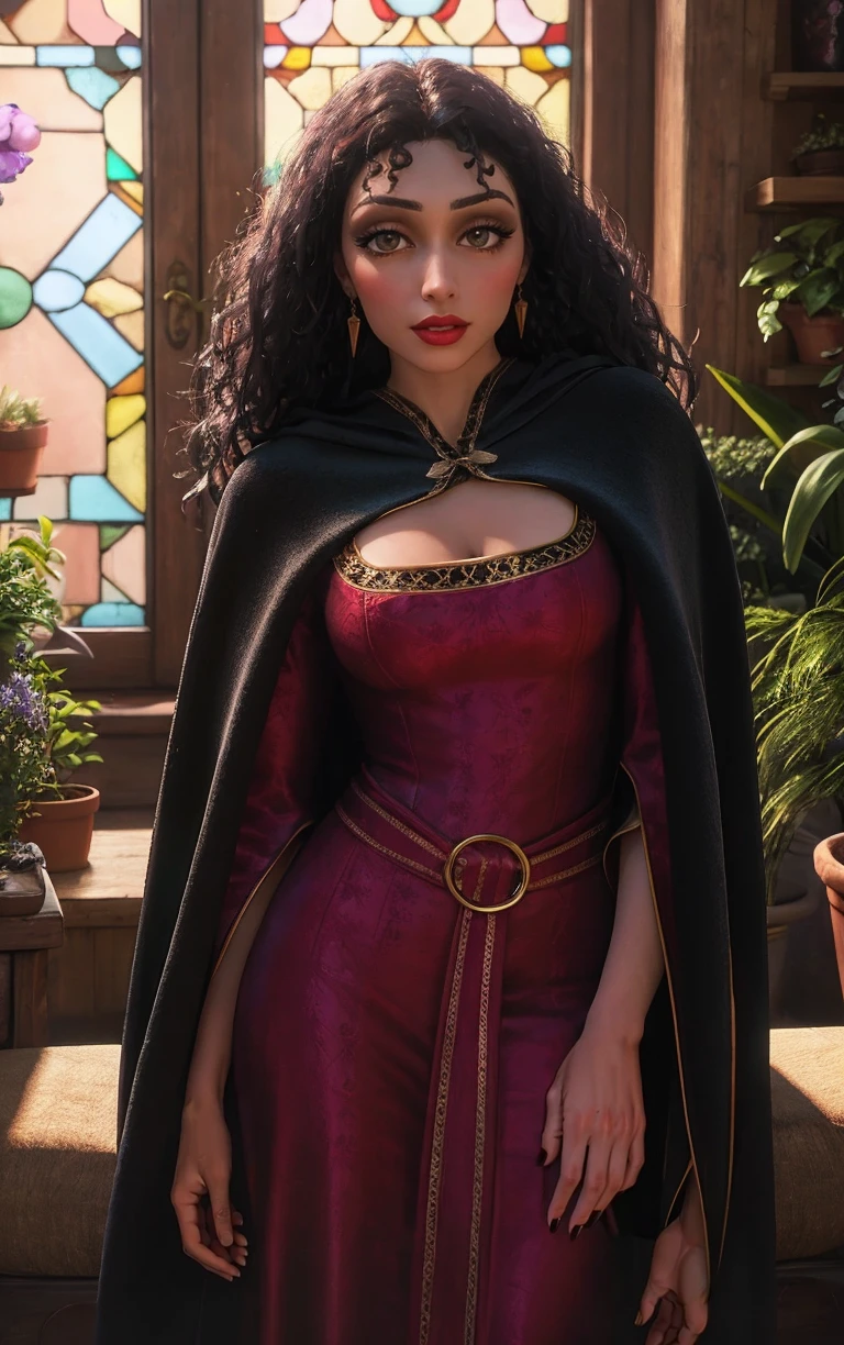 BlackCape_MotherGothel_ownwaifu,
1girl, long hair, curly hair, wavy hair, black hair, black eyes, dark skin, dark-skinned female, lips, red lips, medium breasts, breasts, cleavage, lipstick, makeup, jewelry, earrings, belt,
cape, cloak, blue cloak, wide sleeves, red dress, dress, long dress,
<lora:CARTOON_MotherGothel_ownwaifu:0.7> ,
((masterpiece)),((best quality)),(highres, absurdres), original, official_art, chromatic_aberration, bokeh, depth_of_field, window, wisteria, loaded_interior, skylight, sunset, indoors, window_shade, potted_plant, focused, looking at viewer, solo, cowboy shot,