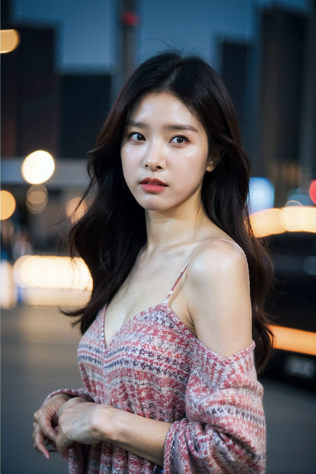 Best quality, masterpiece, ultra high res, (photorealistic), raw photo,1girl, skinny, upper body,solo, realistic, looking at viewer, long hair, bokeh background, city streets,brown eyes, bohemian dress, <lora:makina69_kimsoeun_v1.0:1>