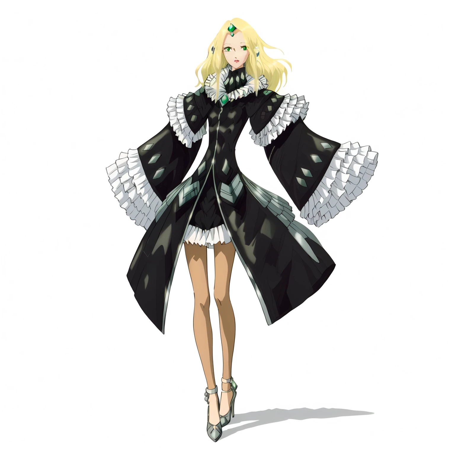 <lora:FatimaPasitheaXLpony002>,
solo,
FatimaPasithea,1girl,blonde hair,long hair,green eyes,
black body suit,black dress,long_sleeves,wide_sleeves,frill sleeve,
brown pantyhose,
high_heels,
full body,standing,