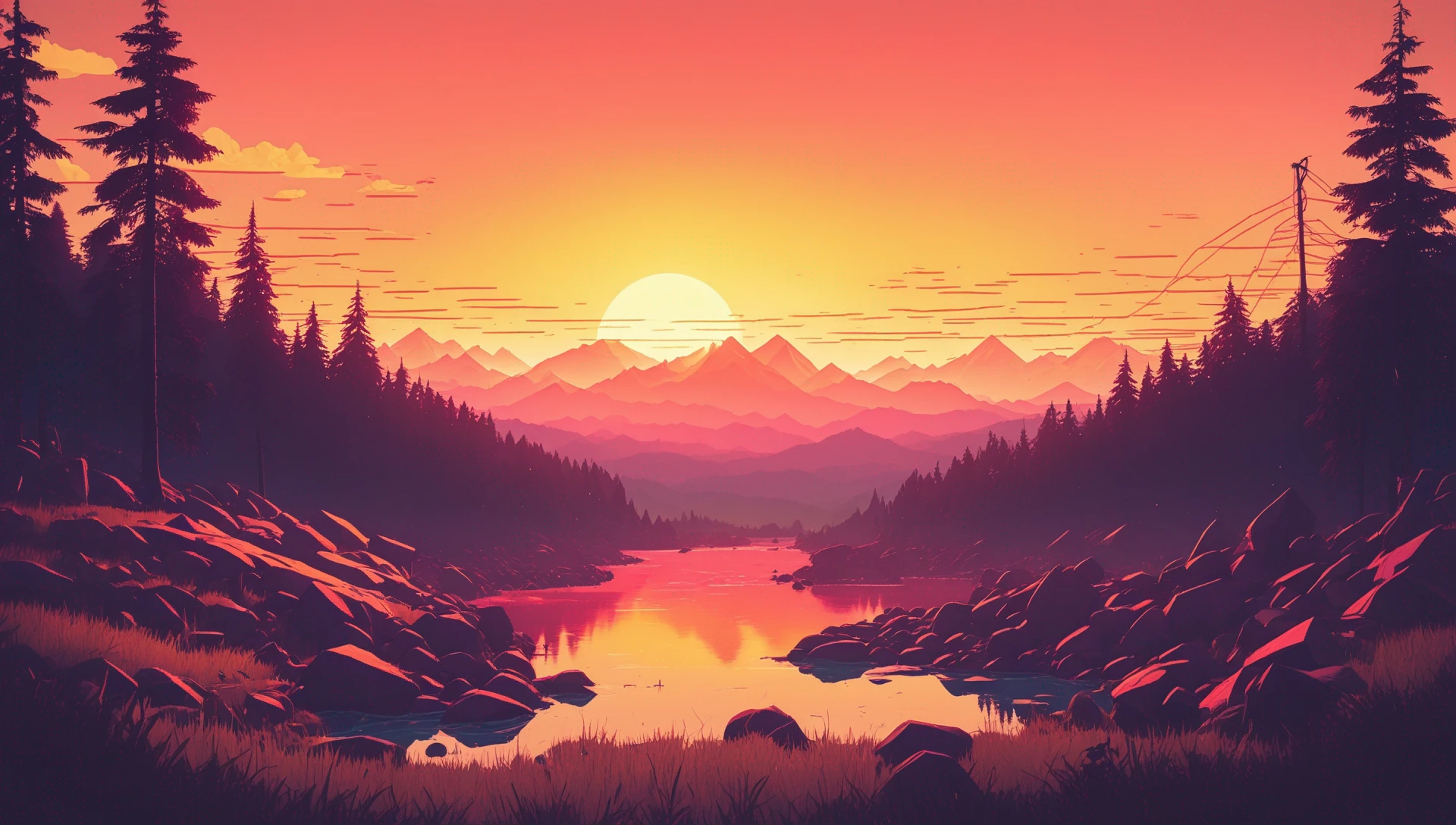 firewatch landscape, Graphic Novel, Pastel Art, Poster, Golden Hour, Electric Colors, 4k, RGB, Geometric, Volumetric, Lumen Global Illumination, Ray Tracing Reflections, Twisted Rays, Glowing Edges, RTX --raw